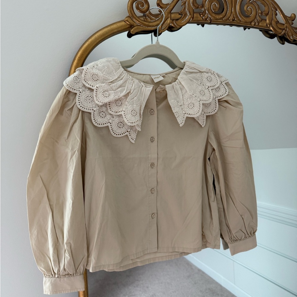 Beige Blouse with Lace Collar